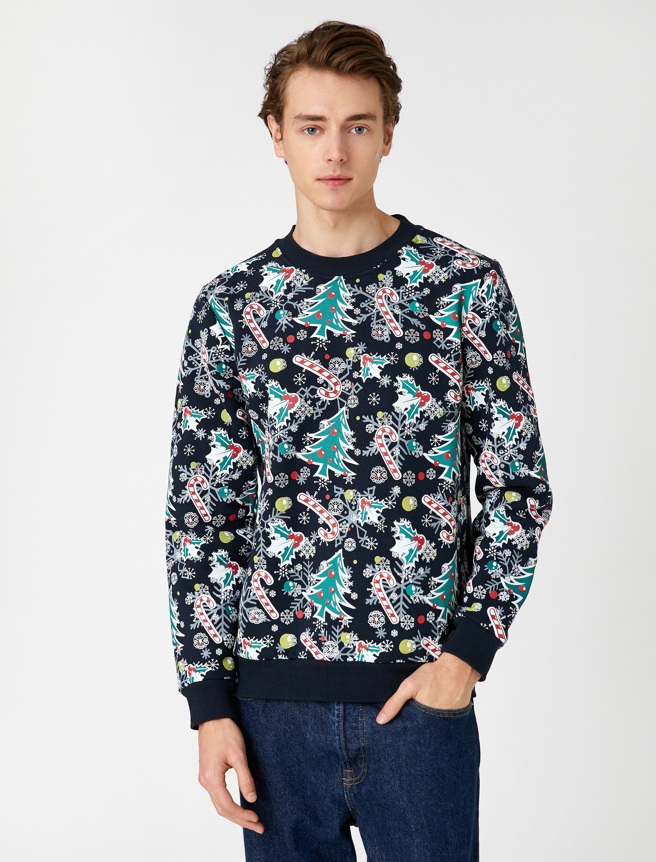 Yılbaşı Temalı Sweatshirt Baskılı Bisiklet Yaka Uzun Kollu Şardonlu