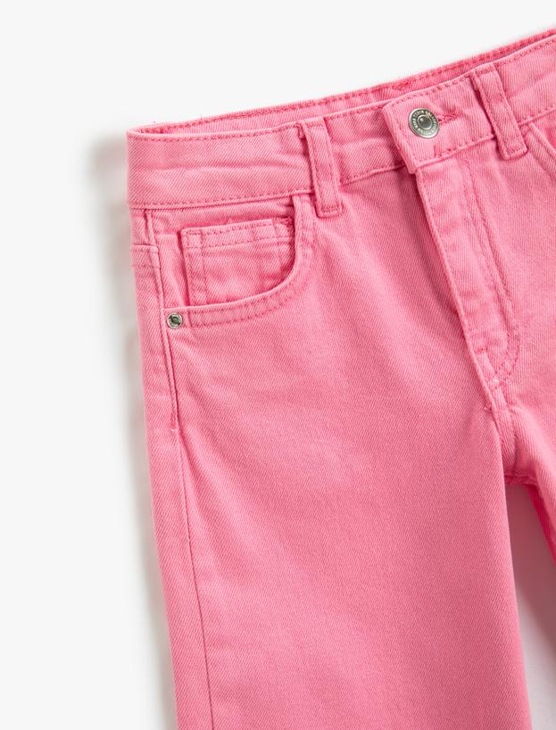  Kız Çocuk Düz Paça Cepli Rahat Kesim Kot Pantolon -  Straight Jean Beli Ayarlanabilir Lastikli