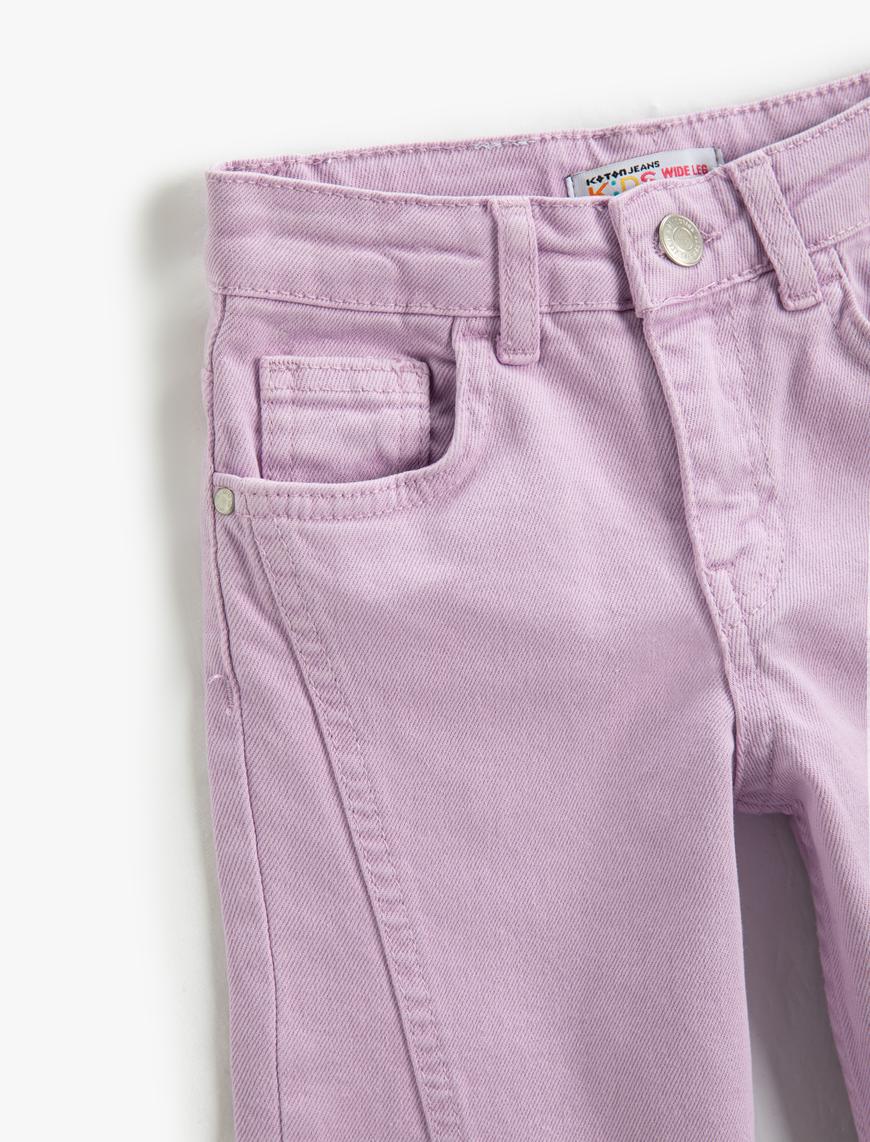  Kız Çocuk Bol Paça Kot Pantolon Dikiş Detaylı Cepli - Wide Leg Jean Beli Ayarlanabilir Lastikli