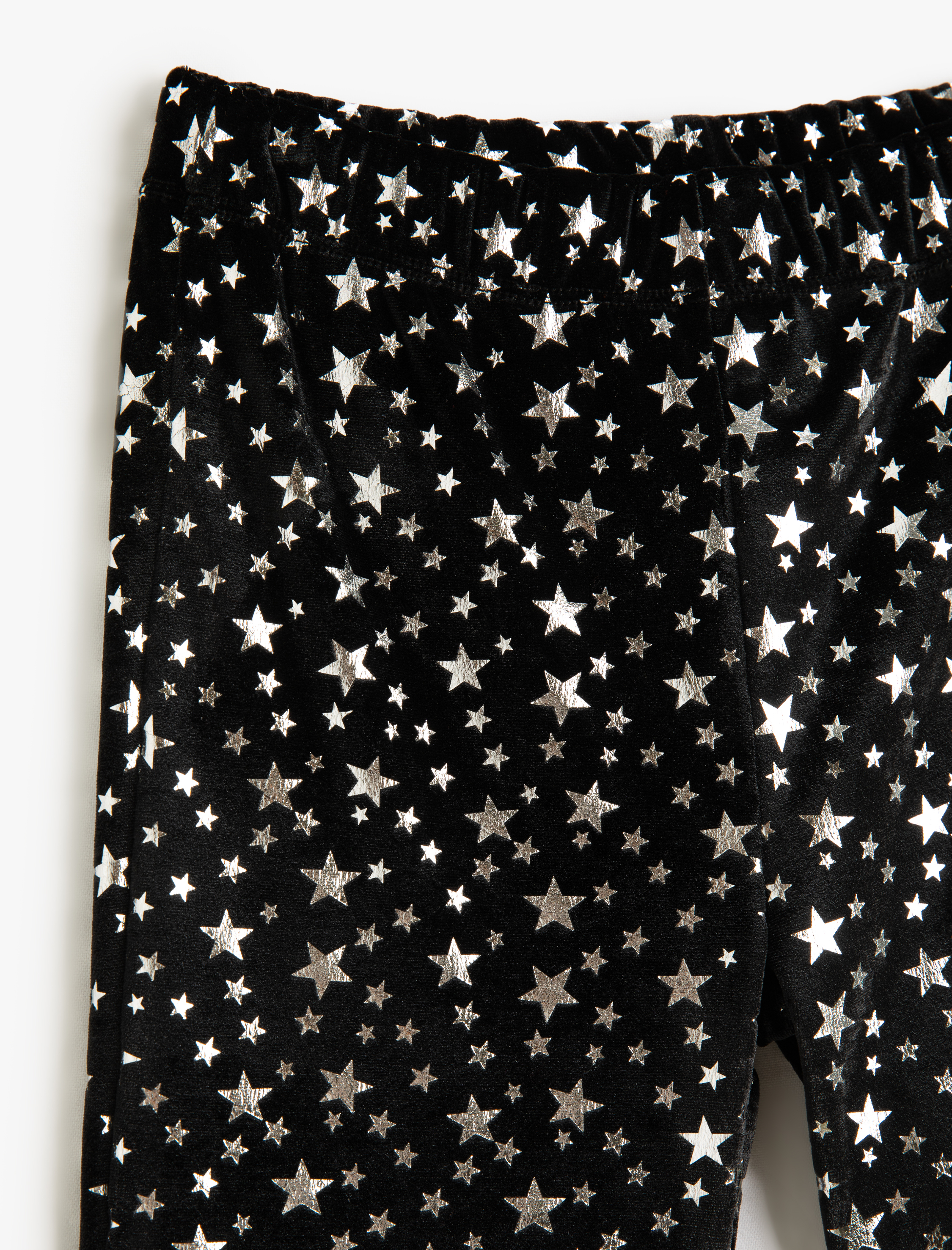  Kız Çocuk İspanyol Paça Kadife Pantolon Yıldız Baskılı Parlak Beli Lastikli