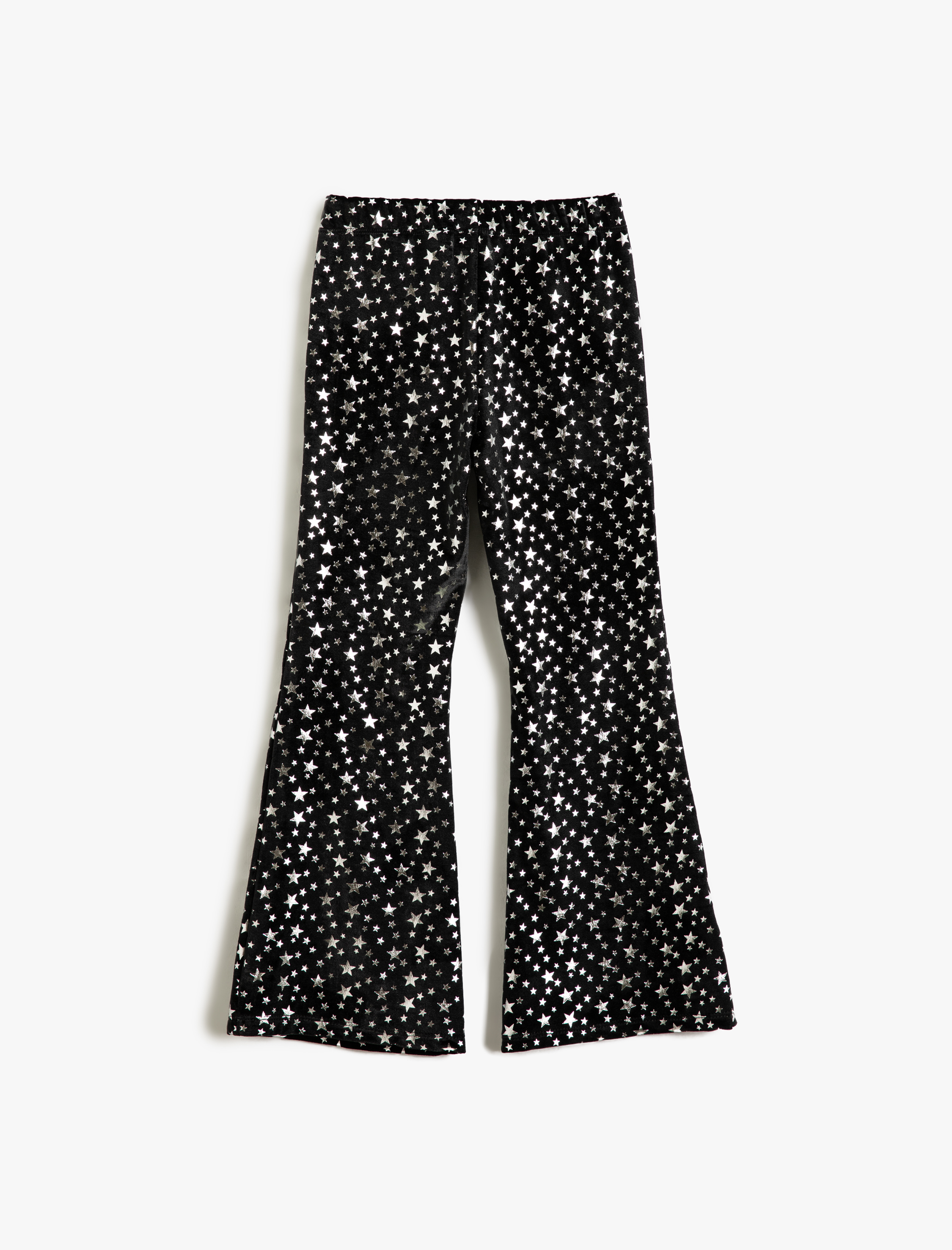  Kız Çocuk İspanyol Paça Kadife Pantolon Yıldız Baskılı Parlak Beli Lastikli