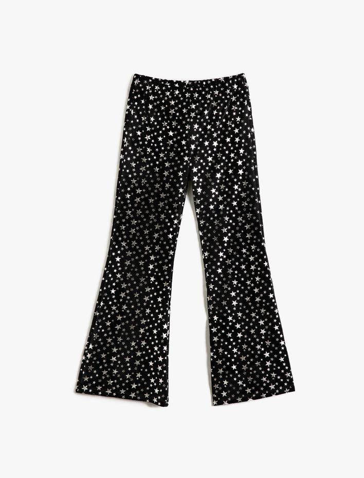 Kız Çocuk İspanyol Paça Kadife Pantolon Yıldız Baskılı Parlak Beli Lastikli
