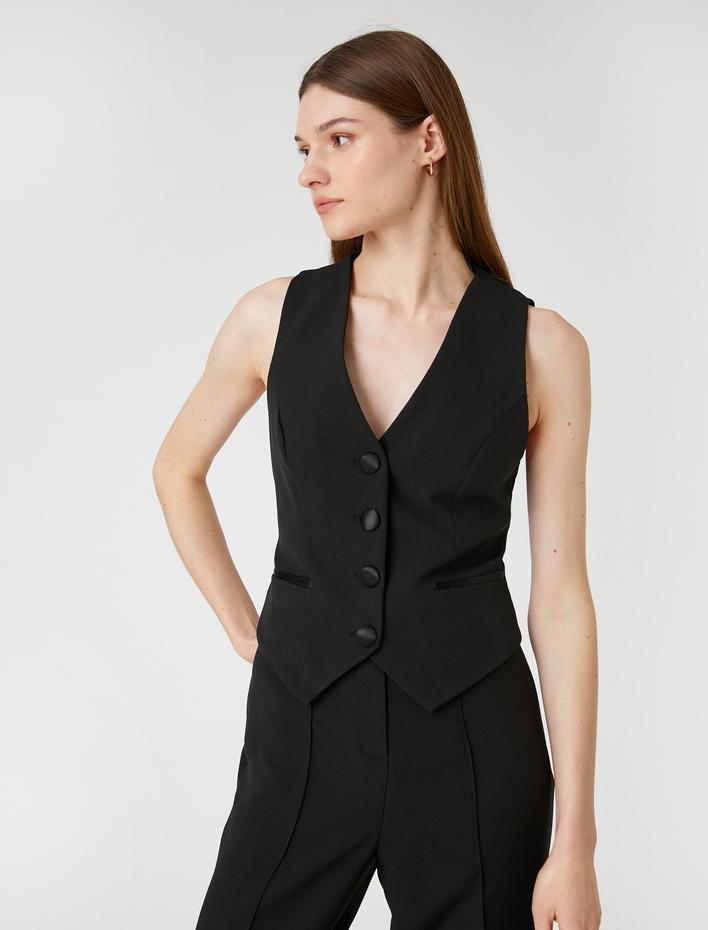  Crop Blazer Yelek Cep Detaylı