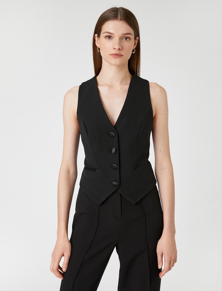   Crop Blazer Yelek Cep Detaylı
