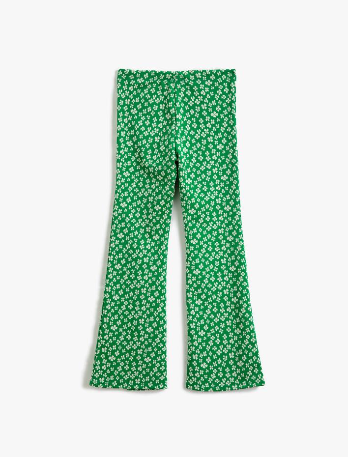 Kız Çocuk Çiçekli İspanyol Paça Tayt Pantolon Yırtmaç Detaylı Beli Lastikli