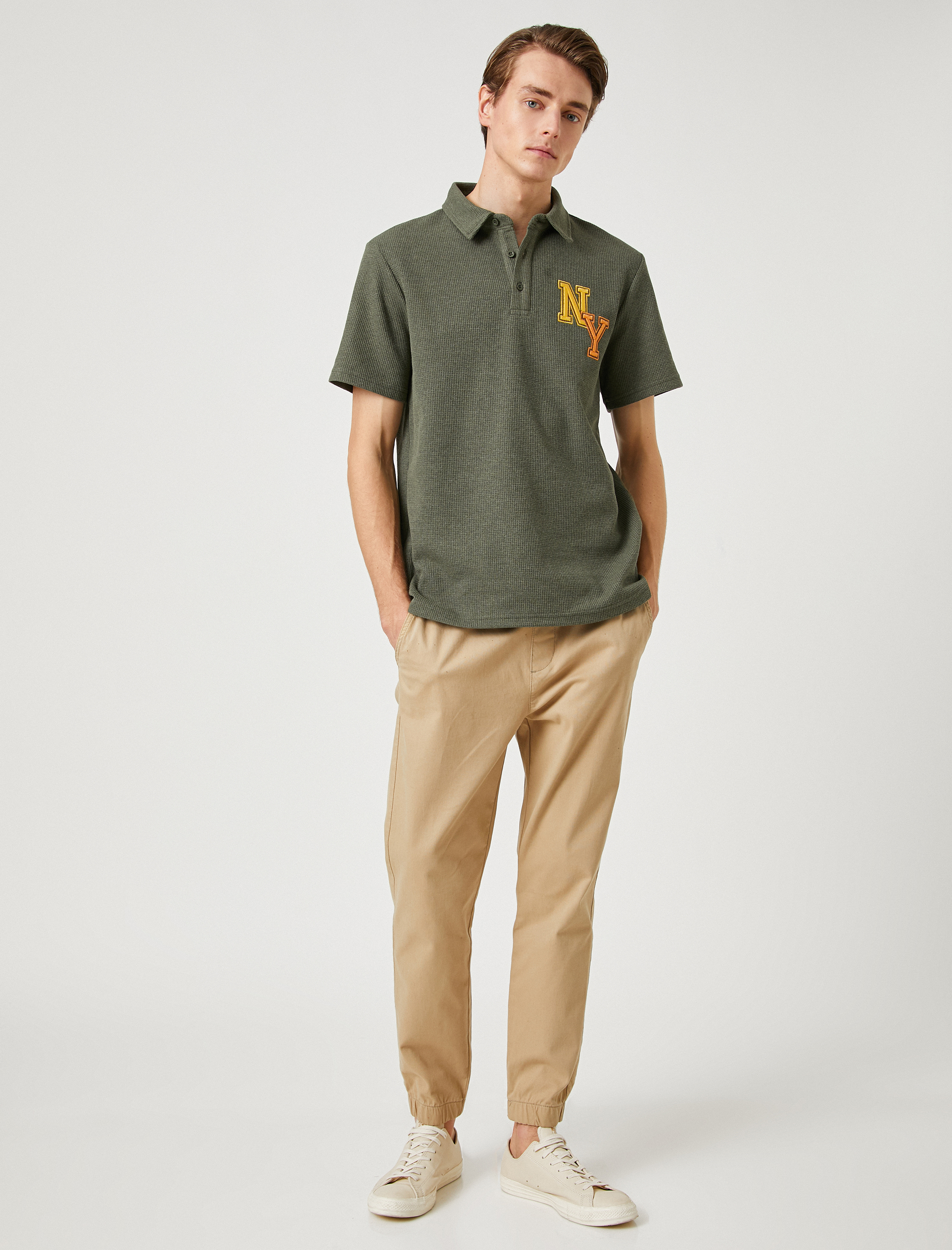   Beli Lastikli Pantolon Slogan Baskılı Kemer Detaylı Cepli