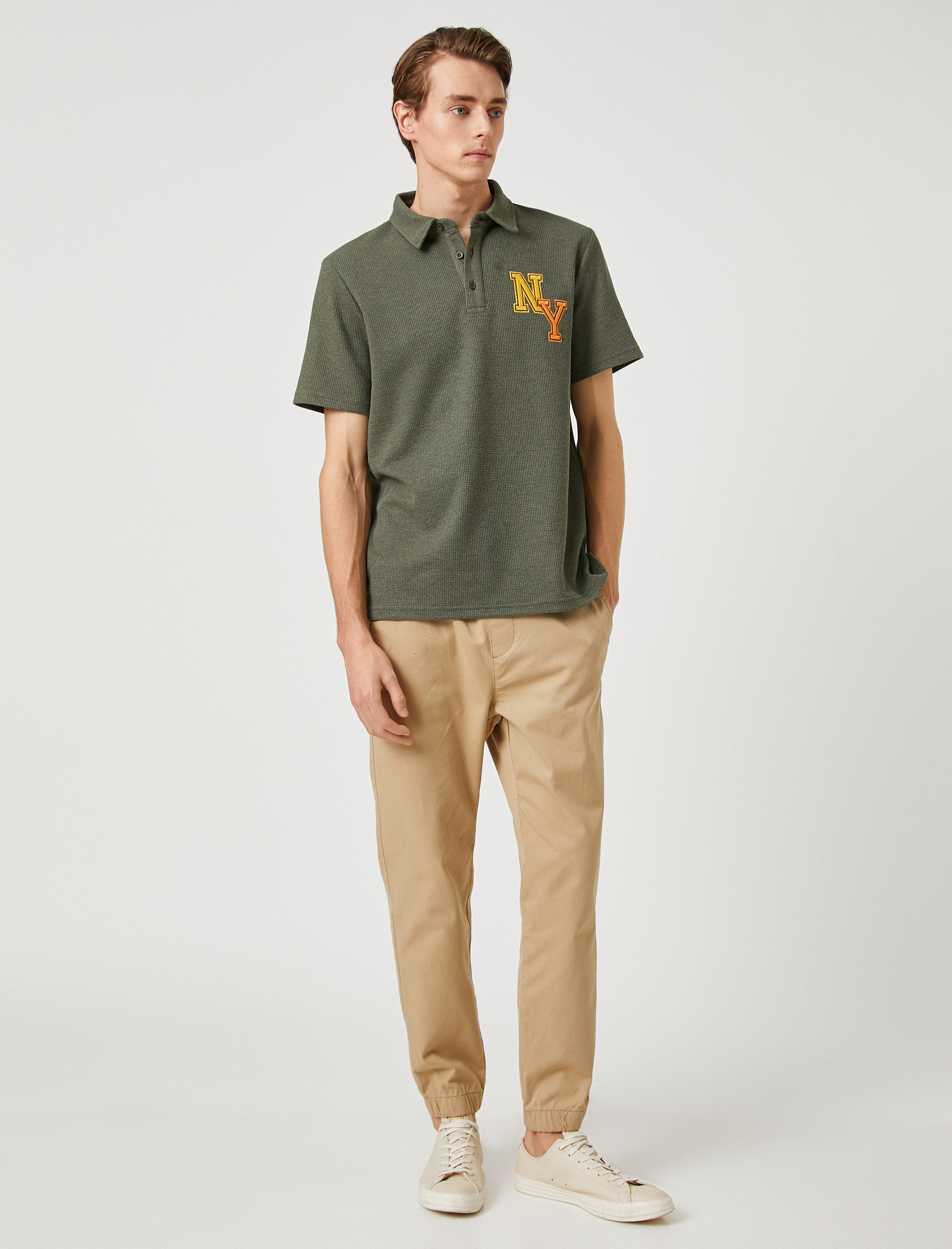   Beli Lastikli Pantolon Slogan Baskılı Kemer Detaylı Cepli