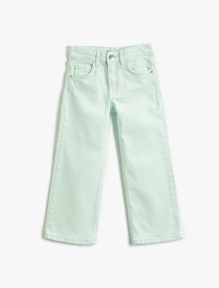 Kız Çocuk Düz Paça Cepli Rahat Kesim Kot Pantolon -  Straight Jean Beli Ayarlanabilir Lastikli