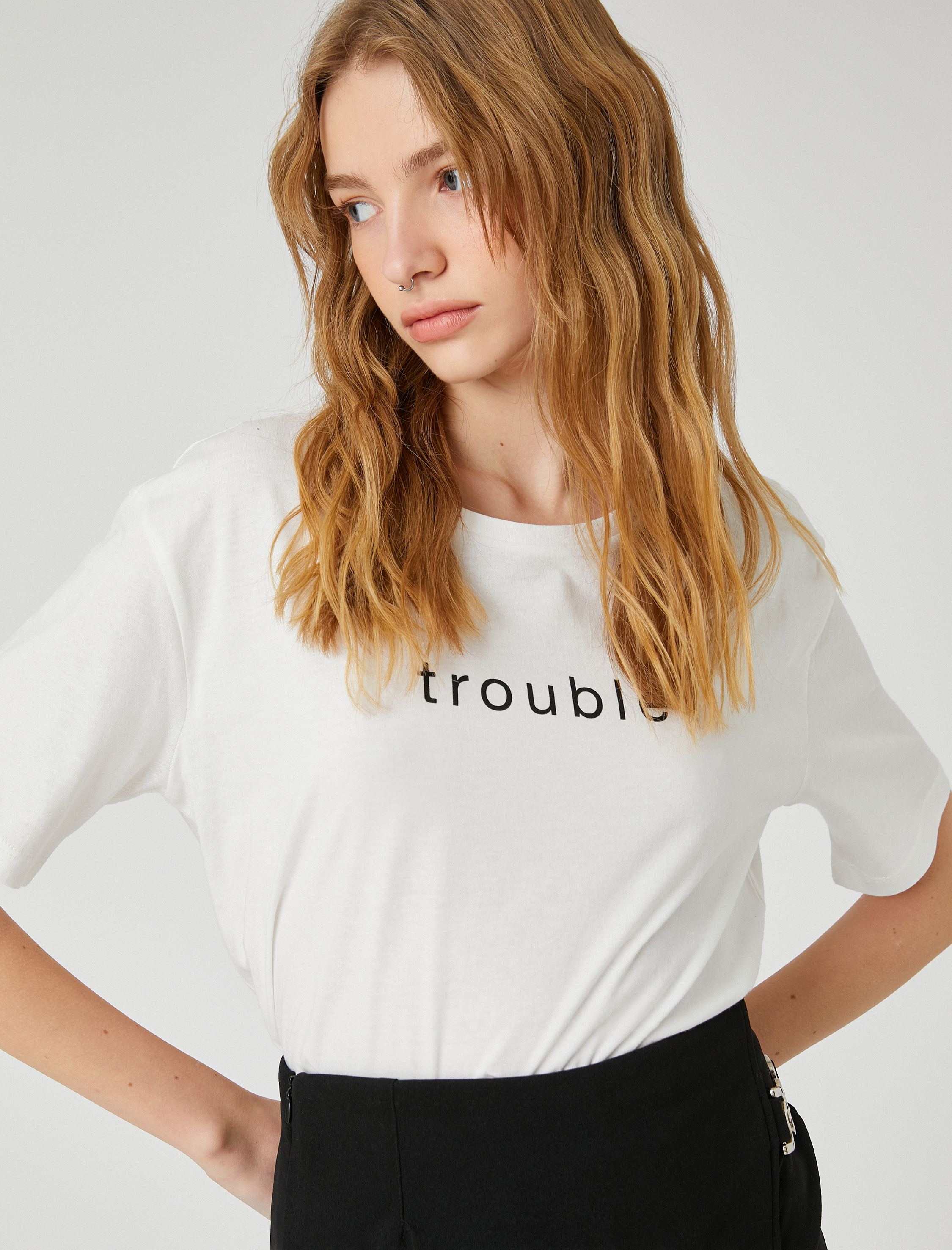   Slogan Baskılı Tişört Kısa Kollu Bisiklet Yaka