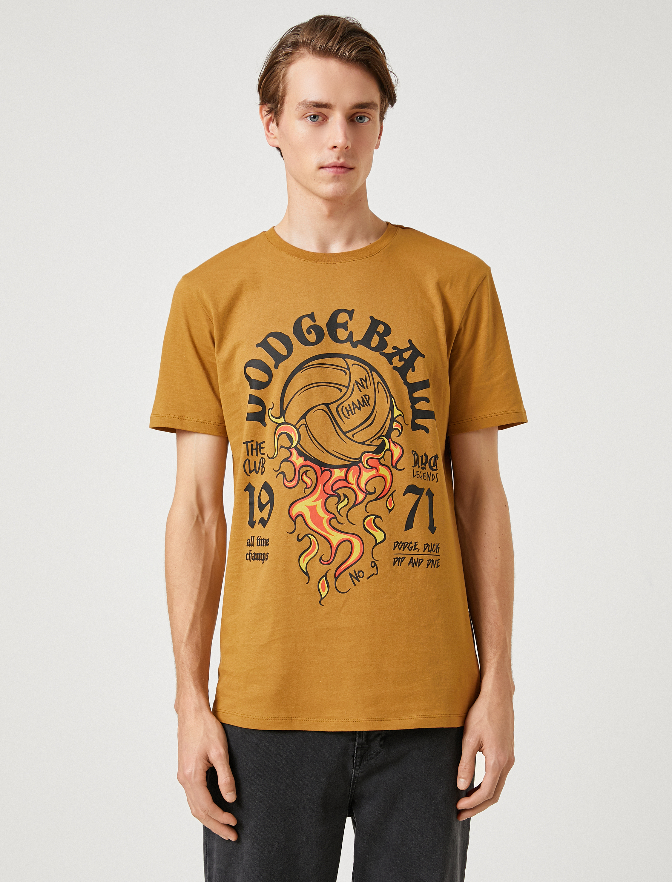   Kolej Tişört Baskılı Bisiklet Yaka Kısa Kollu Dar Kesim