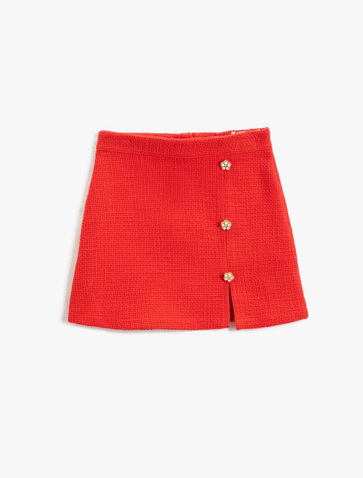 Kız Çocuk Tüvit Mini Etek Yırtmaç ve Dekoratif Düğme Detaylı