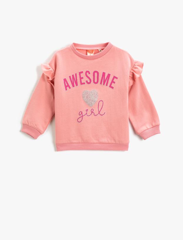  Kız Bebek Fırfır Detaylı Baskılı Sweatshirt Yumuşak Dokulu Uzun Kollu Yuvarlak Yaka