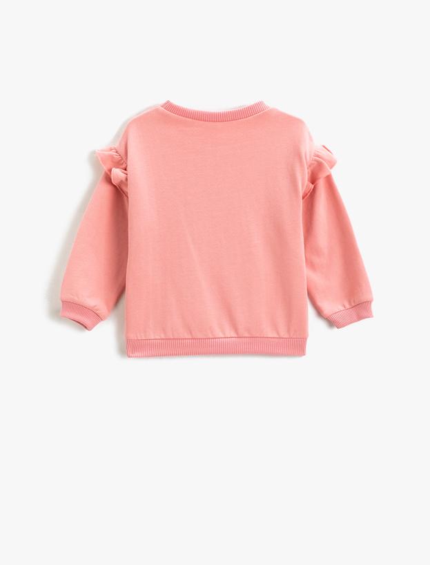  Kız Bebek Fırfır Detaylı Baskılı Sweatshirt Yumuşak Dokulu Uzun Kollu Yuvarlak Yaka