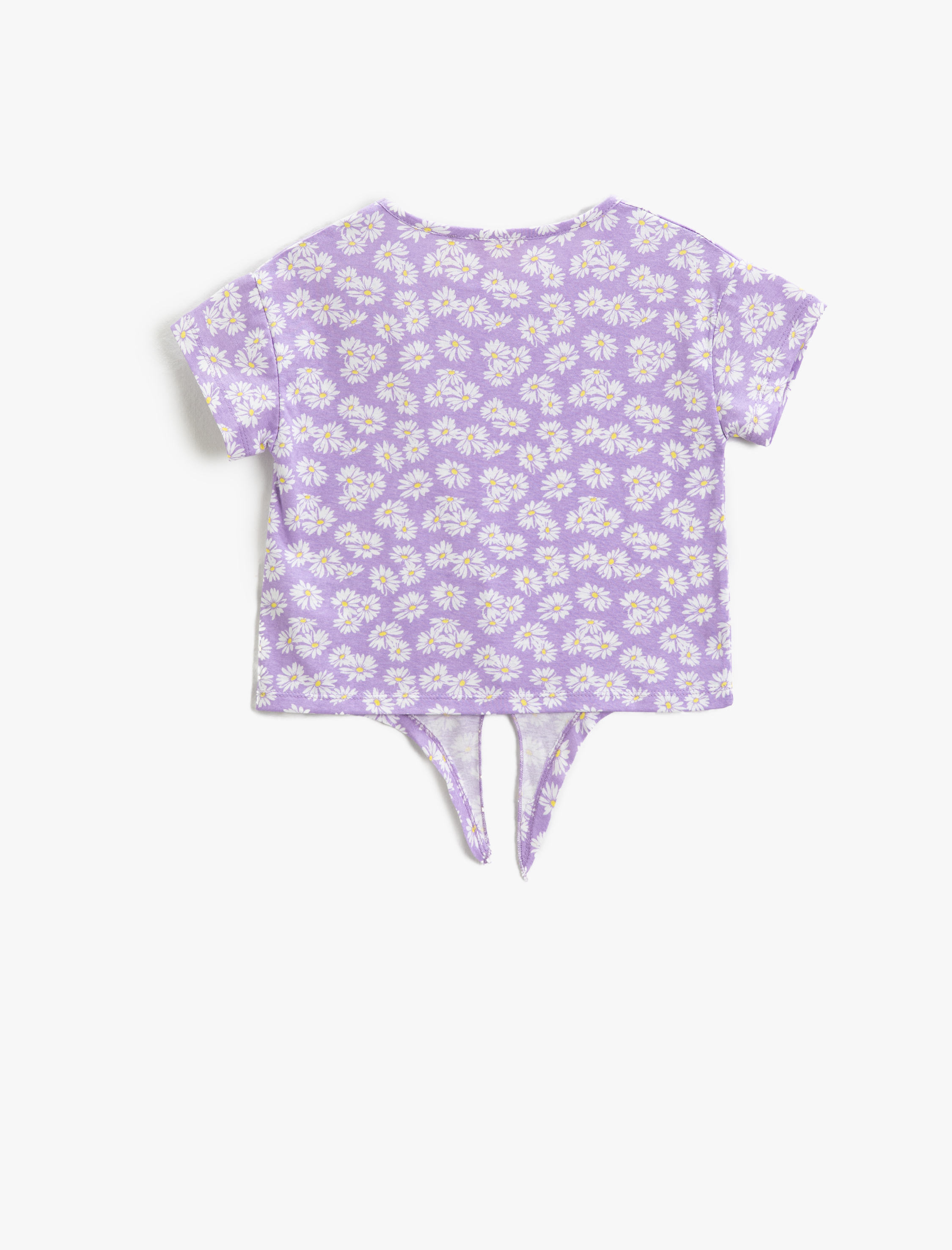  Kız Çocuk Çiçekli Tişört Önden Bağlama Detaylı Kısa Kollu Yuvarlak Yaka