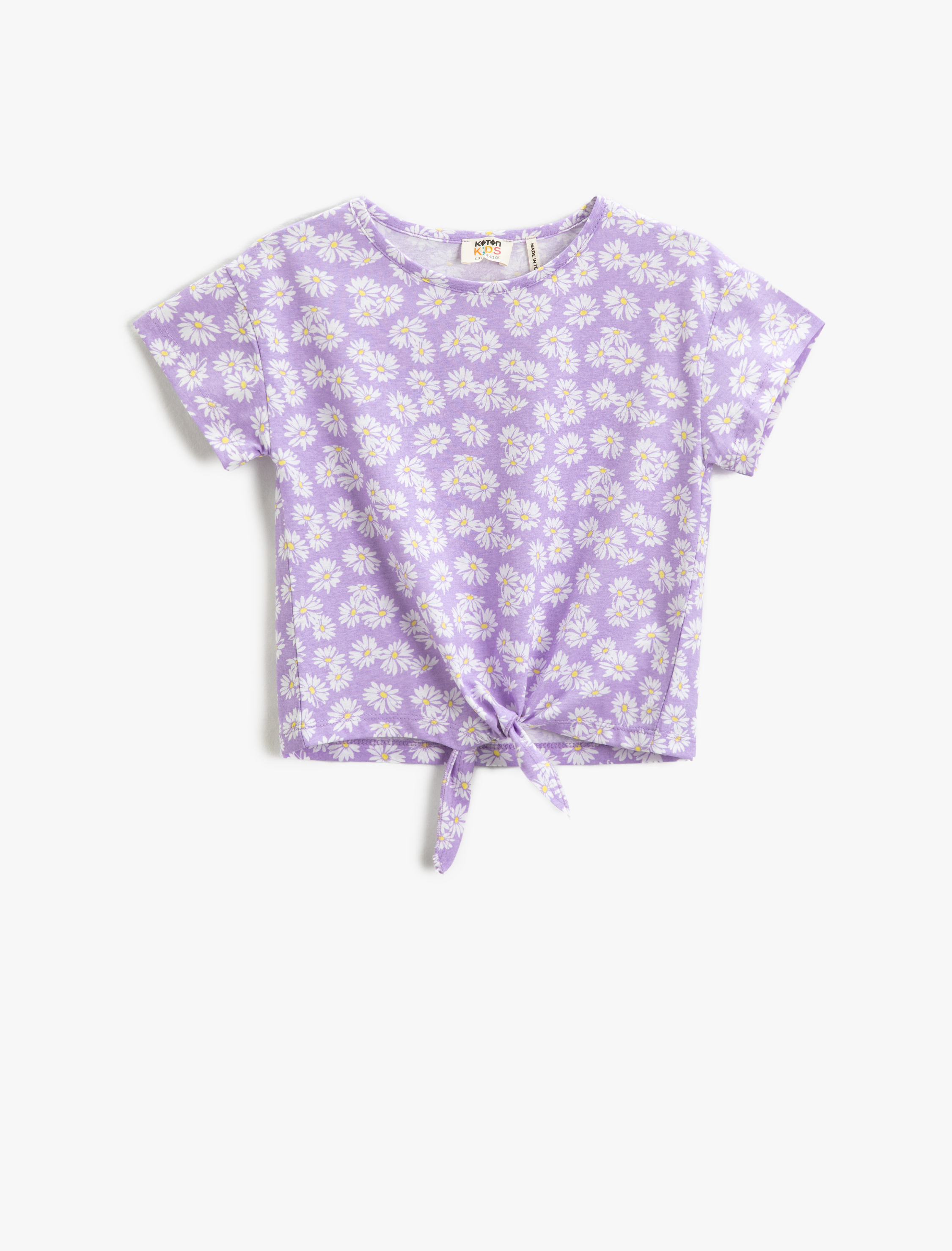  Kız Çocuk Çiçekli Tişört Önden Bağlama Detaylı Kısa Kollu Yuvarlak Yaka