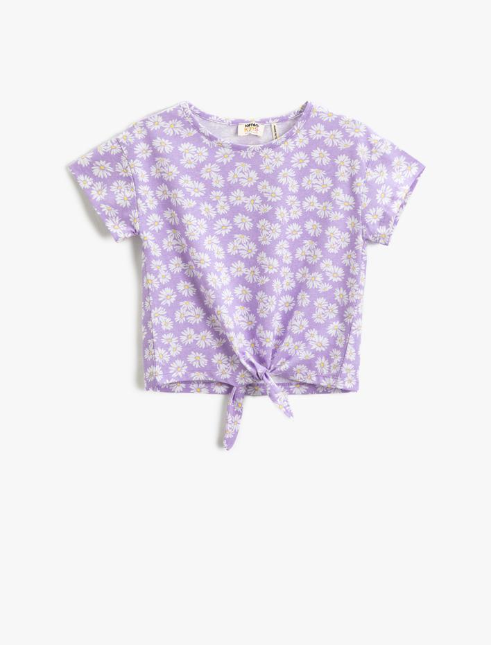 Kız Çocuk Çiçekli Tişört Önden Bağlama Detaylı Kısa Kollu Yuvarlak Yaka