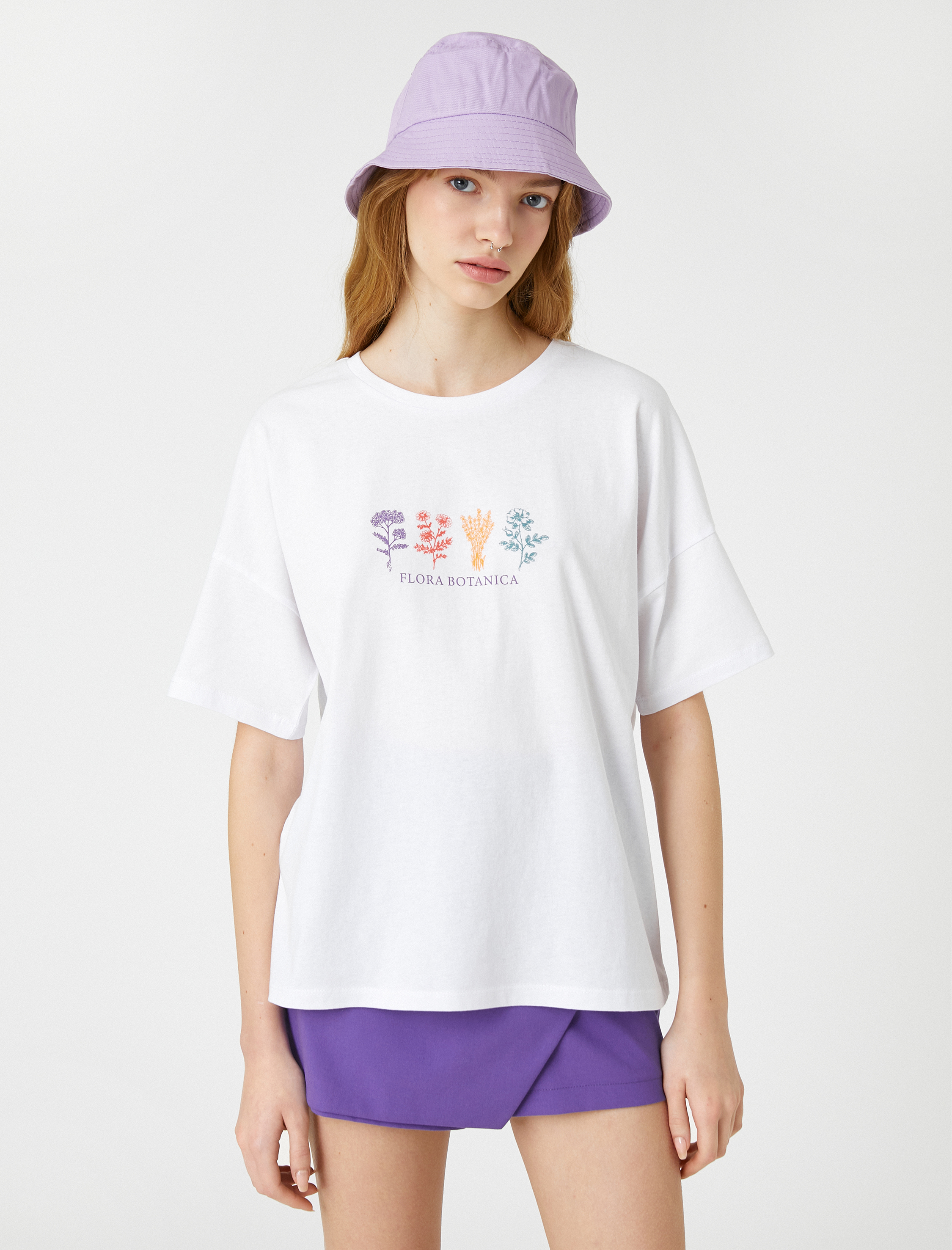   Kısa Kollu Tişört Rahat Kesim Bisiklet Yaka Baskılı