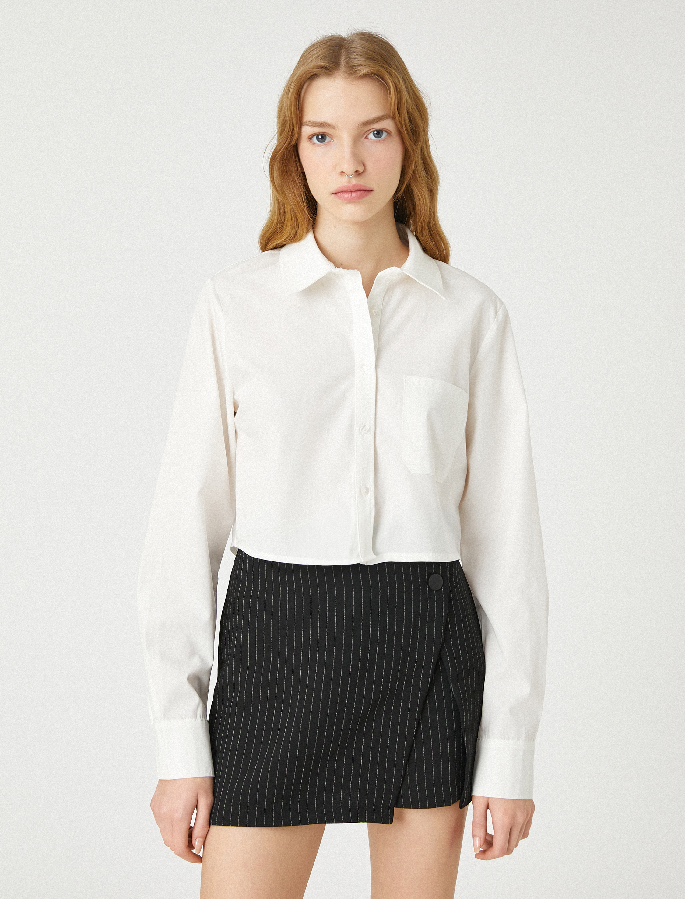   Crop Poplin Gömlek Pamuklu Uzun Kollu Manşet Yaka Cep Detaylı