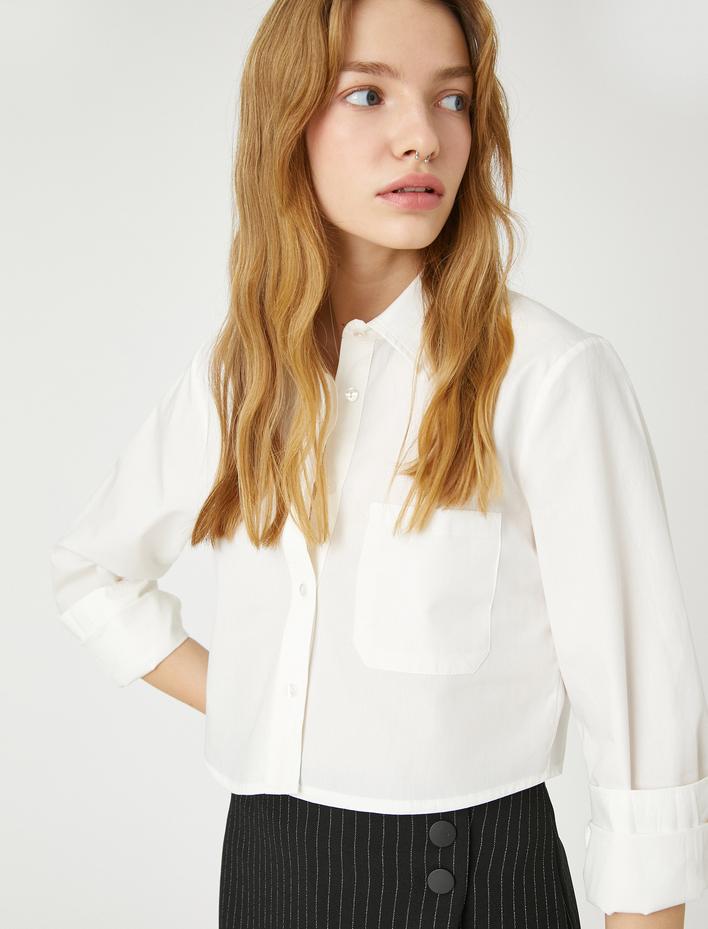  Crop Poplin Gömlek Pamuklu Uzun Kollu Manşet Yaka Cep Detaylı