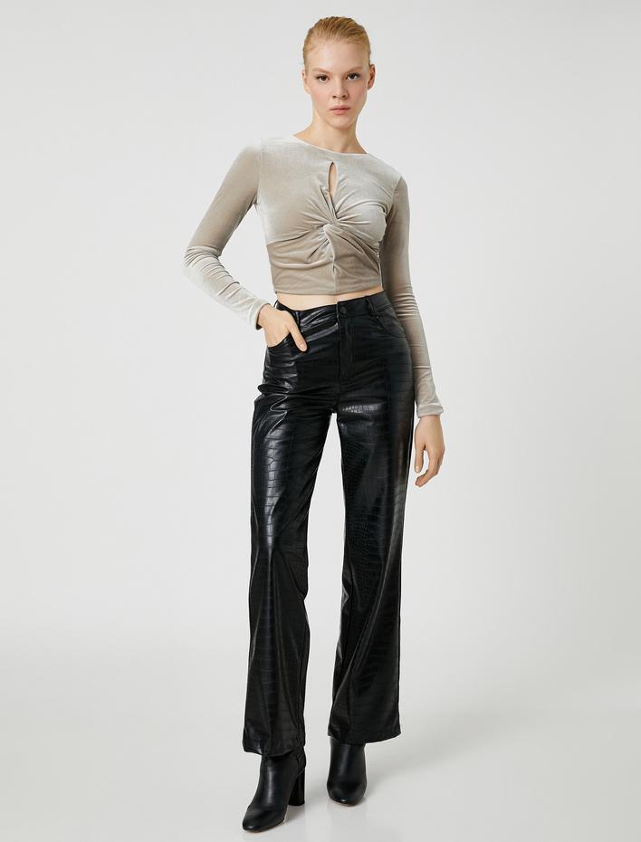  Crop Kadife Bluz Düğüm Detaylı Uzun Kollu