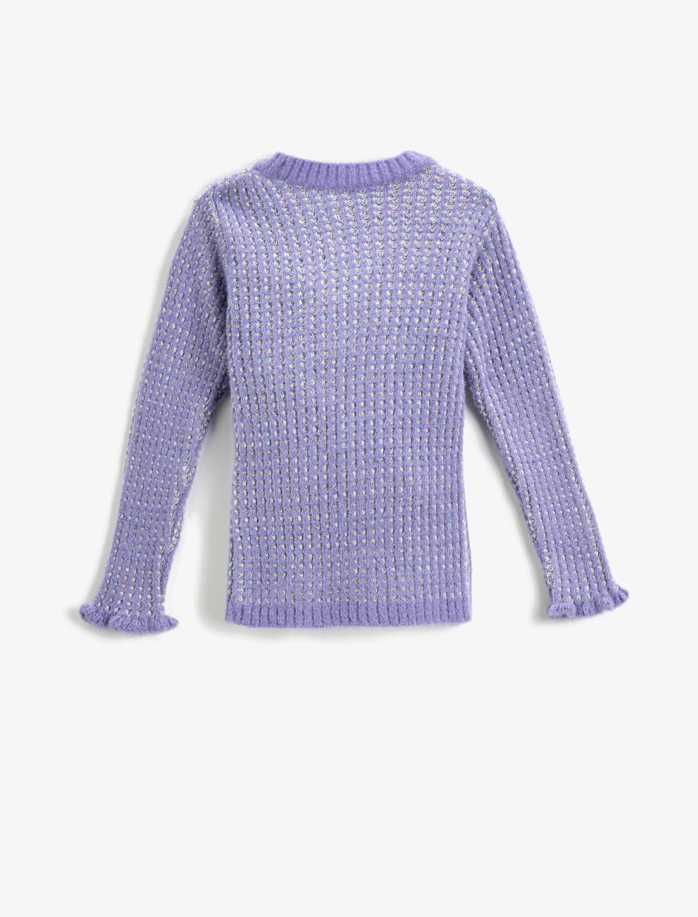  Kız Çocuk Ribanalı Dokulu Örgü Kazak Yuvarlak Yaka Uzun Kollu Kolları Fırfır Detaylı