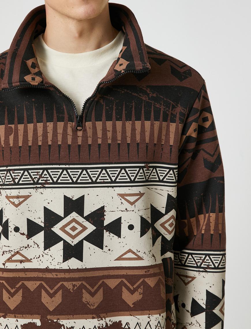   Dik Yaka Sweatshirt Etnik Baskılı Yarım Fermuarlı