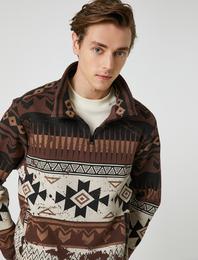 Dik Yaka Sweatshirt Etnik Baskılı Yarım Fermuarlı