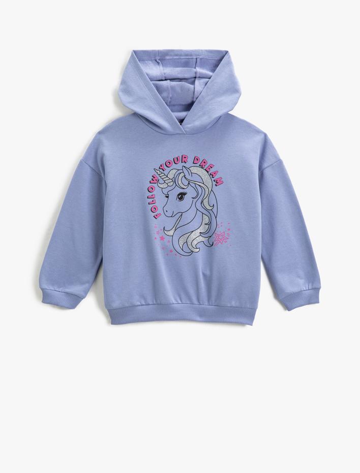 Kız Çocuk Unicorn Baskılı Kapşonlu Sweatshirt Uzun Kollu Simli