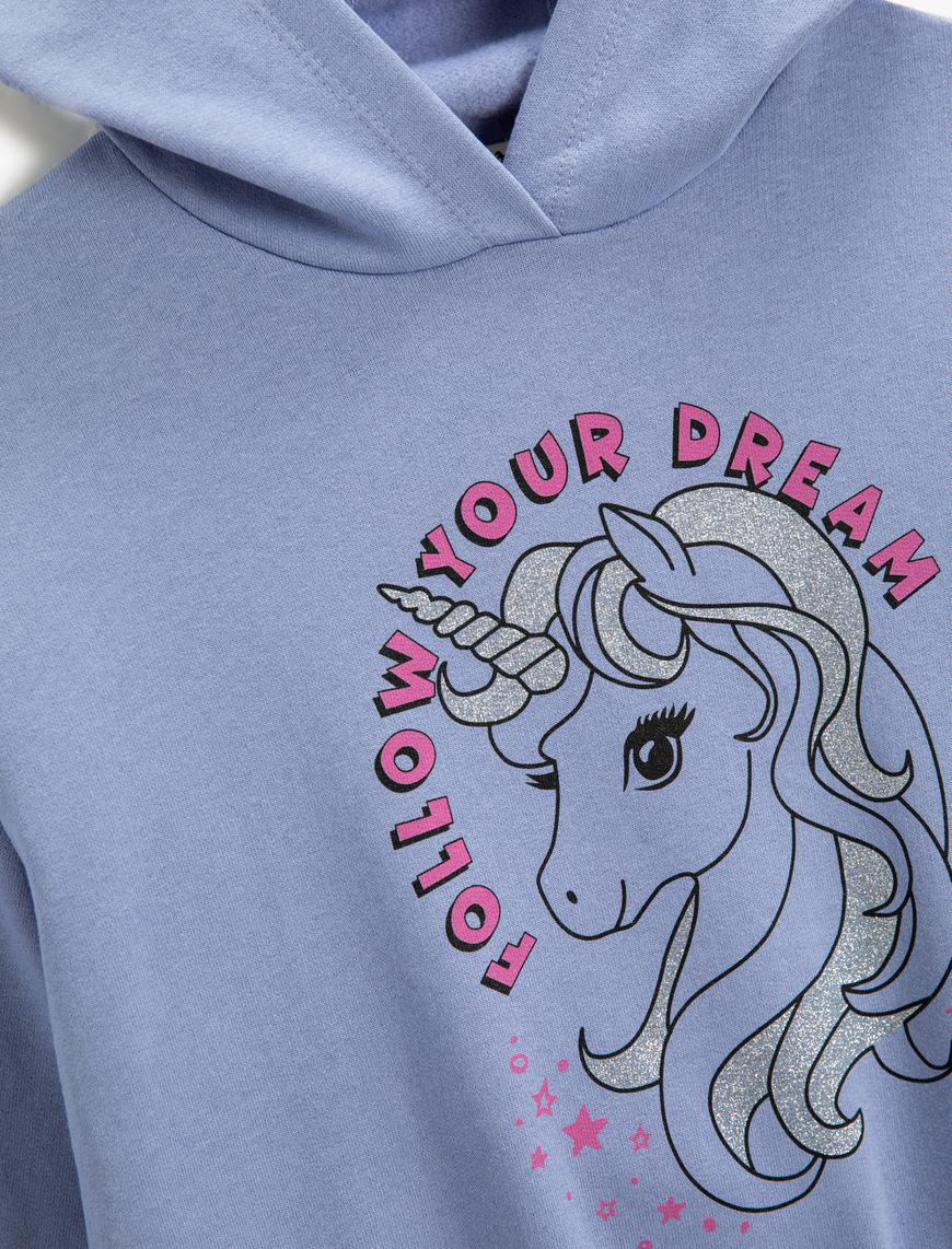  Kız Çocuk Unicorn Baskılı Kapşonlu Sweatshirt Uzun Kollu Simli