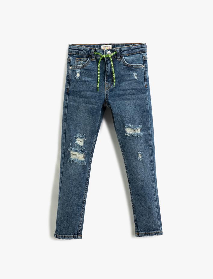 Erkek Çocuk Dar Paça Beli Bağlamalı Yıpratılmış Kot Pantolon - Skinny Jean