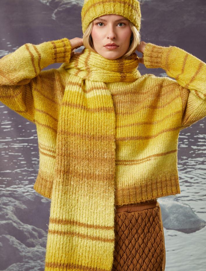 Kadın Renk Bloklu Örgü Geniş Atkı - Koton X Şahika Ercümen