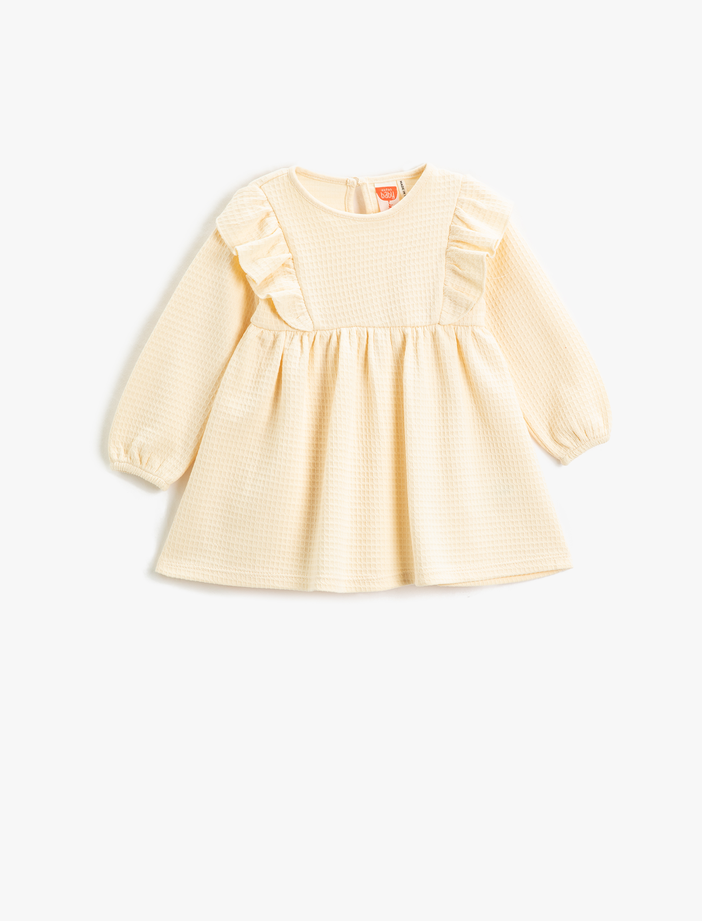  Kız Bebek Elbise Fırfırlı Uzun Kollu Yuvarlak Yaka Dokulu Arkadan Boyundan Kapamalı