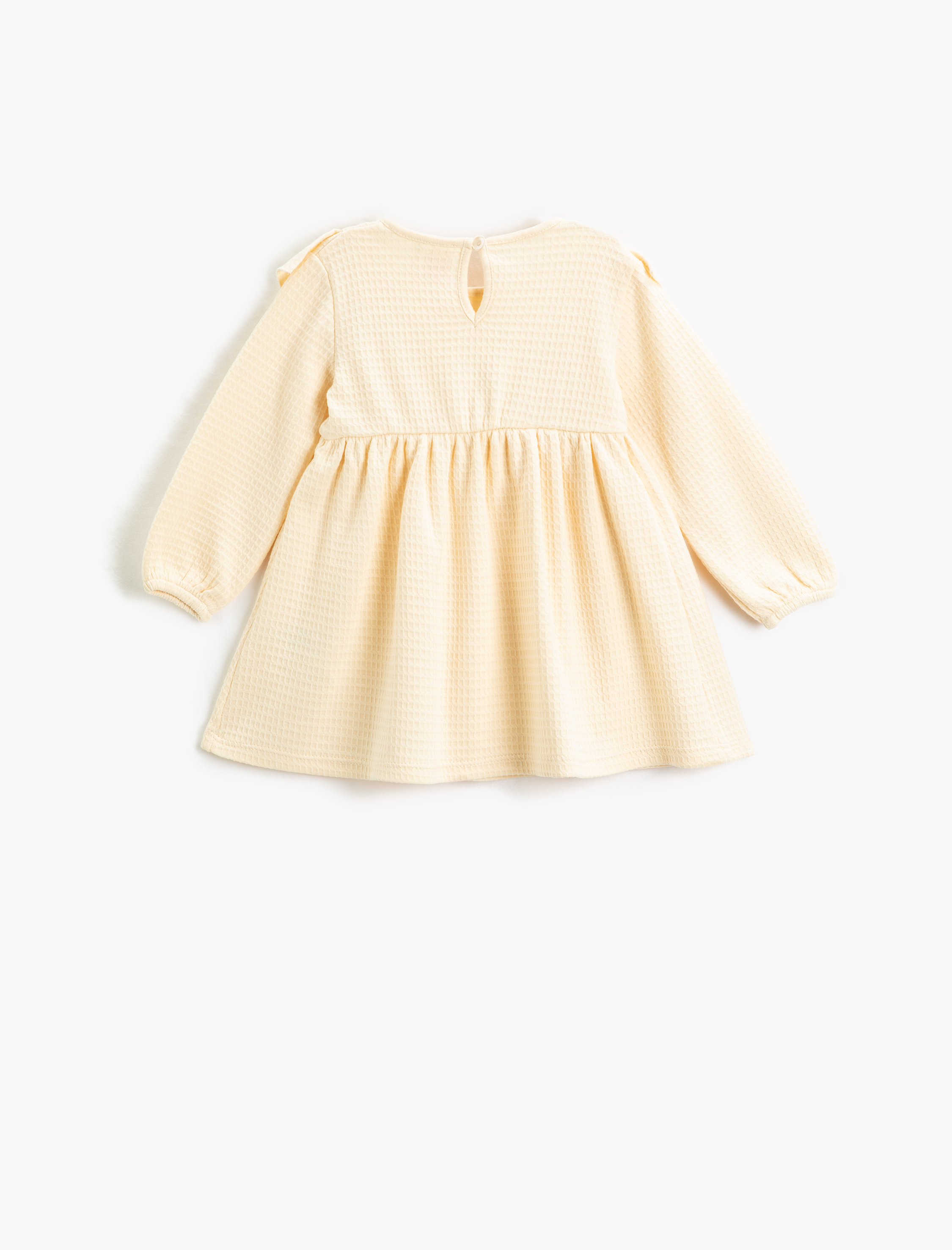  Kız Bebek Elbise Fırfırlı Uzun Kollu Yuvarlak Yaka Dokulu Arkadan Boyundan Kapamalı