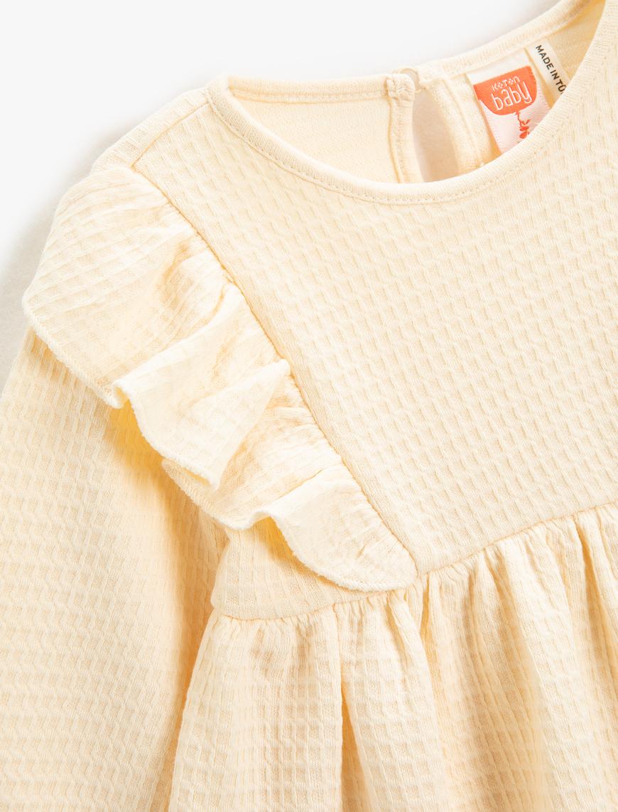  Kız Bebek Elbise Fırfırlı Uzun Kollu Yuvarlak Yaka Dokulu Arkadan Boyundan Kapamalı