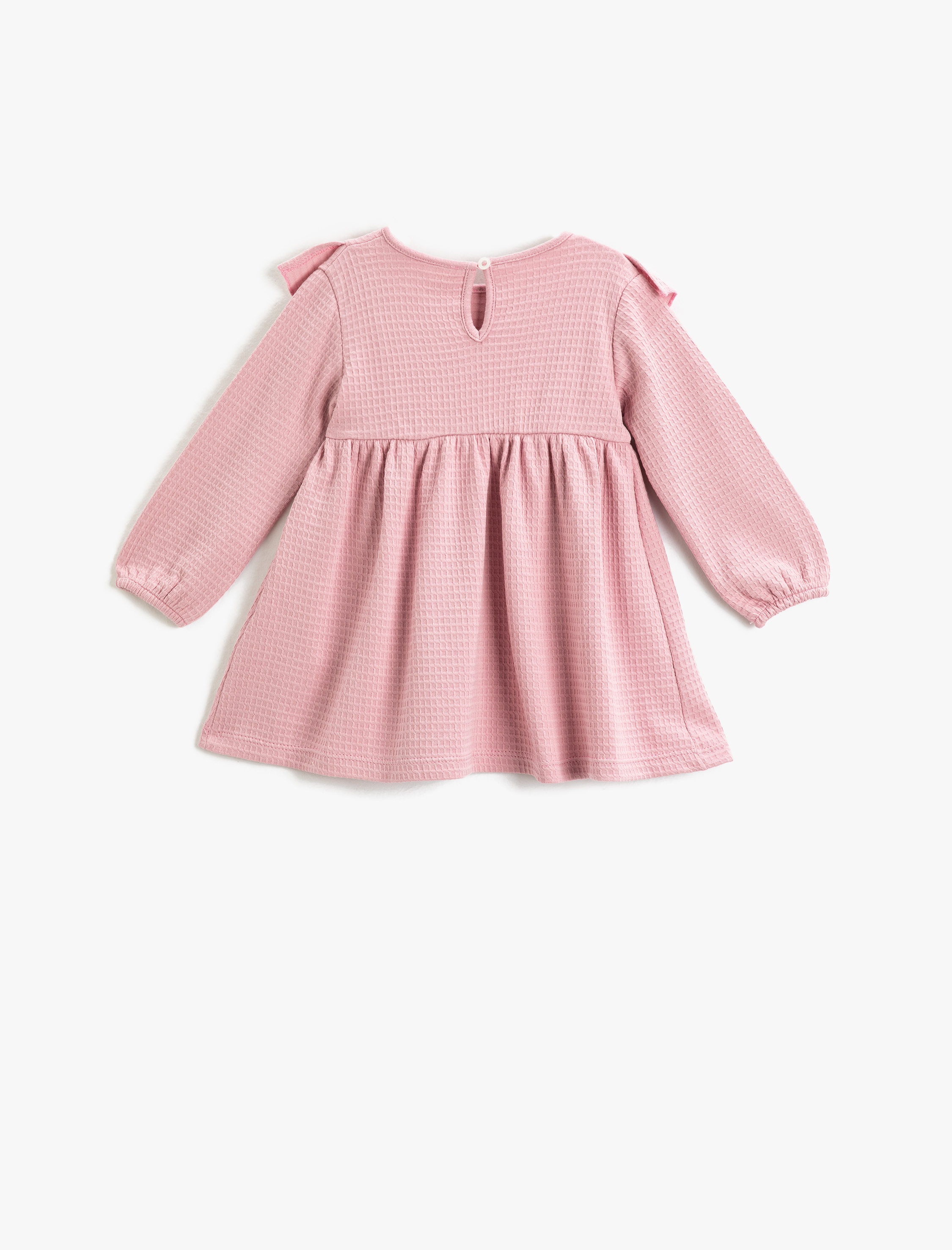  Kız Bebek Elbise Fırfırlı Uzun Kollu Yuvarlak Yaka Dokulu Arkadan Boyundan Kapamalı