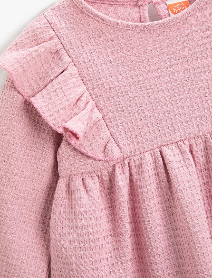  Kız Bebek Elbise Fırfırlı Uzun Kollu Yuvarlak Yaka Dokulu Arkadan Boyundan Kapamalı