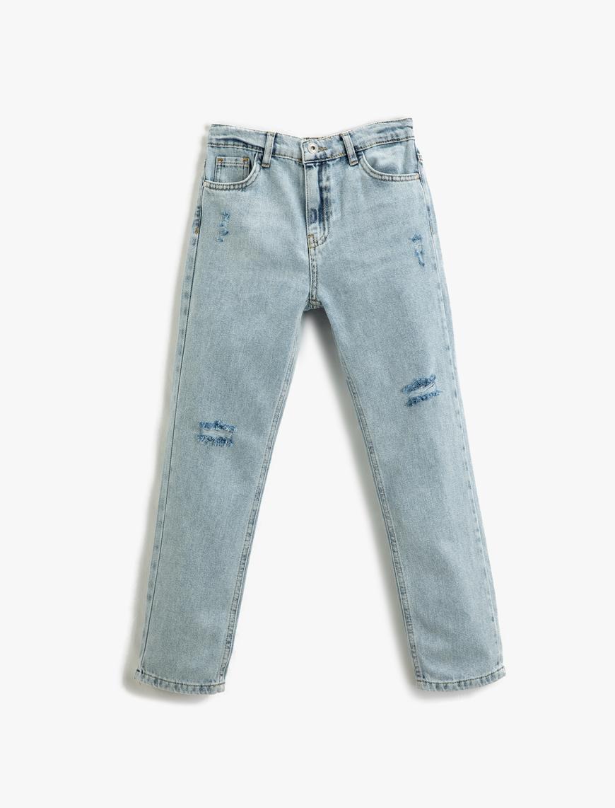  Kız Çocuk Kot Pantolon Beli Lastikli Cepli Düz Paça - Boyfriend Jean