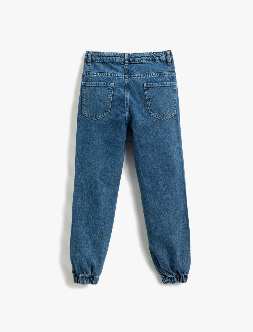  Kız Çocuk Jogger Kot Pantolon Cepli Pamuklu - Jegging Jean Beli Ayarlanabilir Lastikli