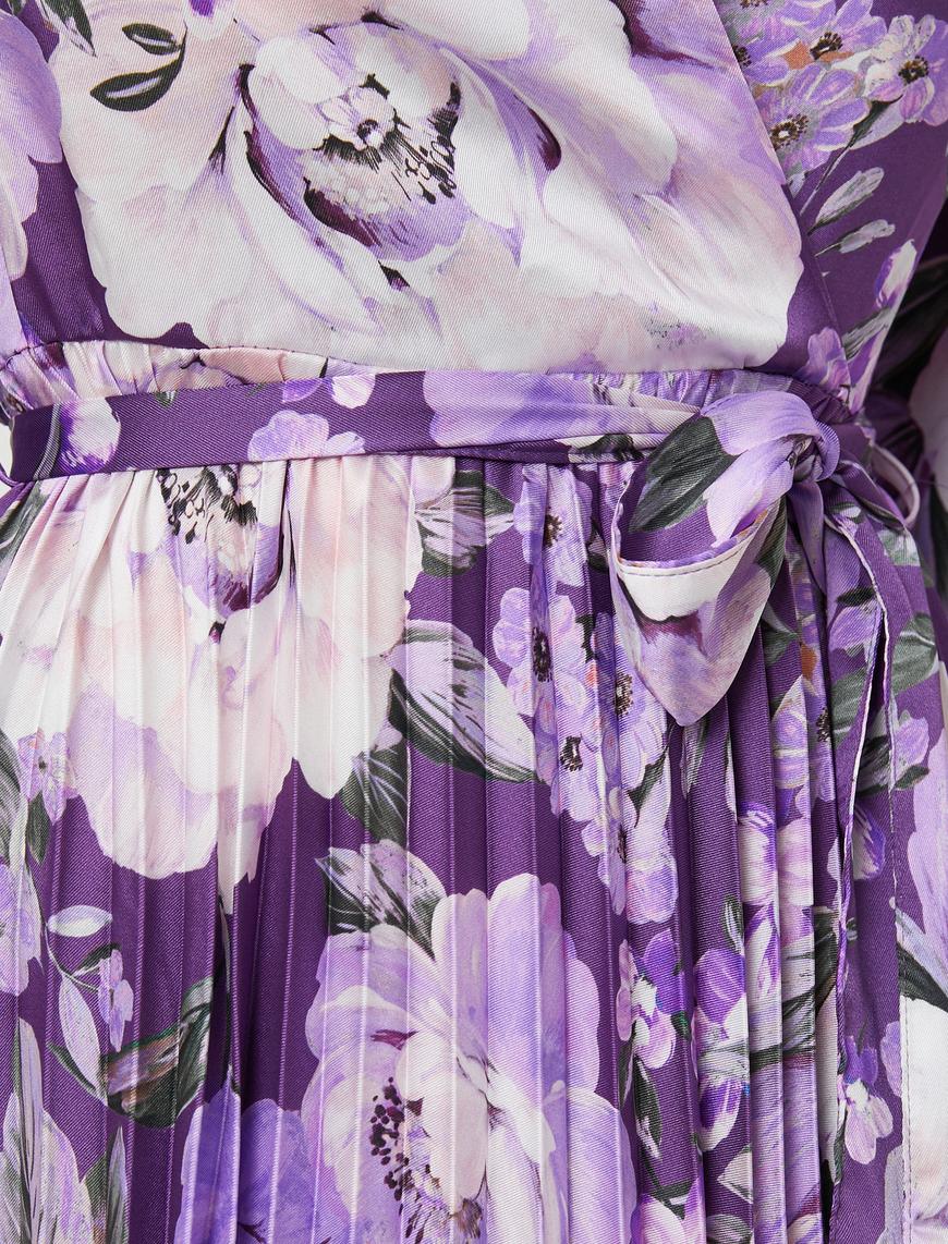   Midi Boy Çiçekli Elbise Anvelop Kuşaklı Piliseli
