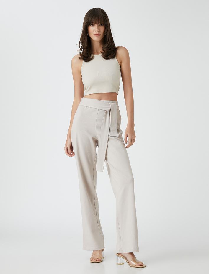  Düz Paça Pantolon Beli Kuşaklı Örme