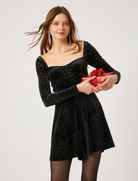 Simli Kadife Mini Elbise Uzun Kollu