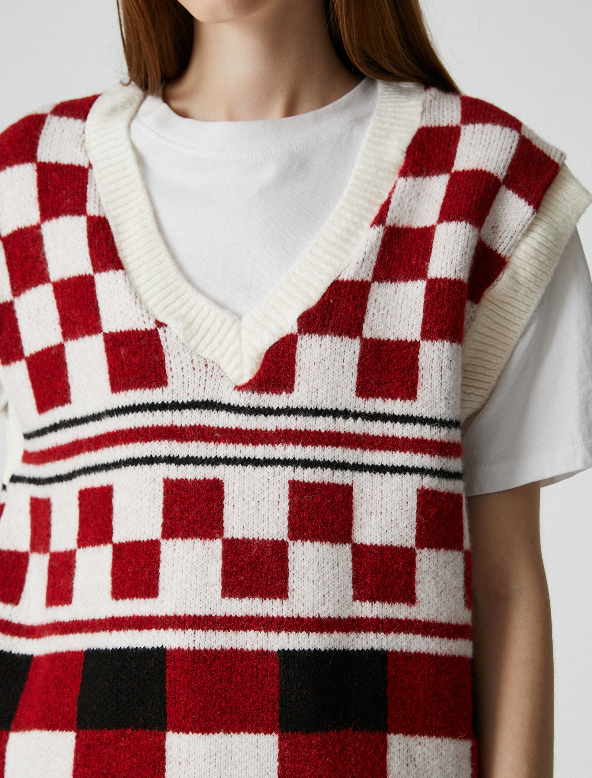   Örgü Süveter V Yaka Desenli Ribanalı