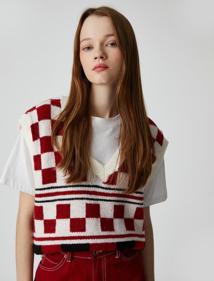  Örgü Süveter V Yaka Desenli Ribanalı