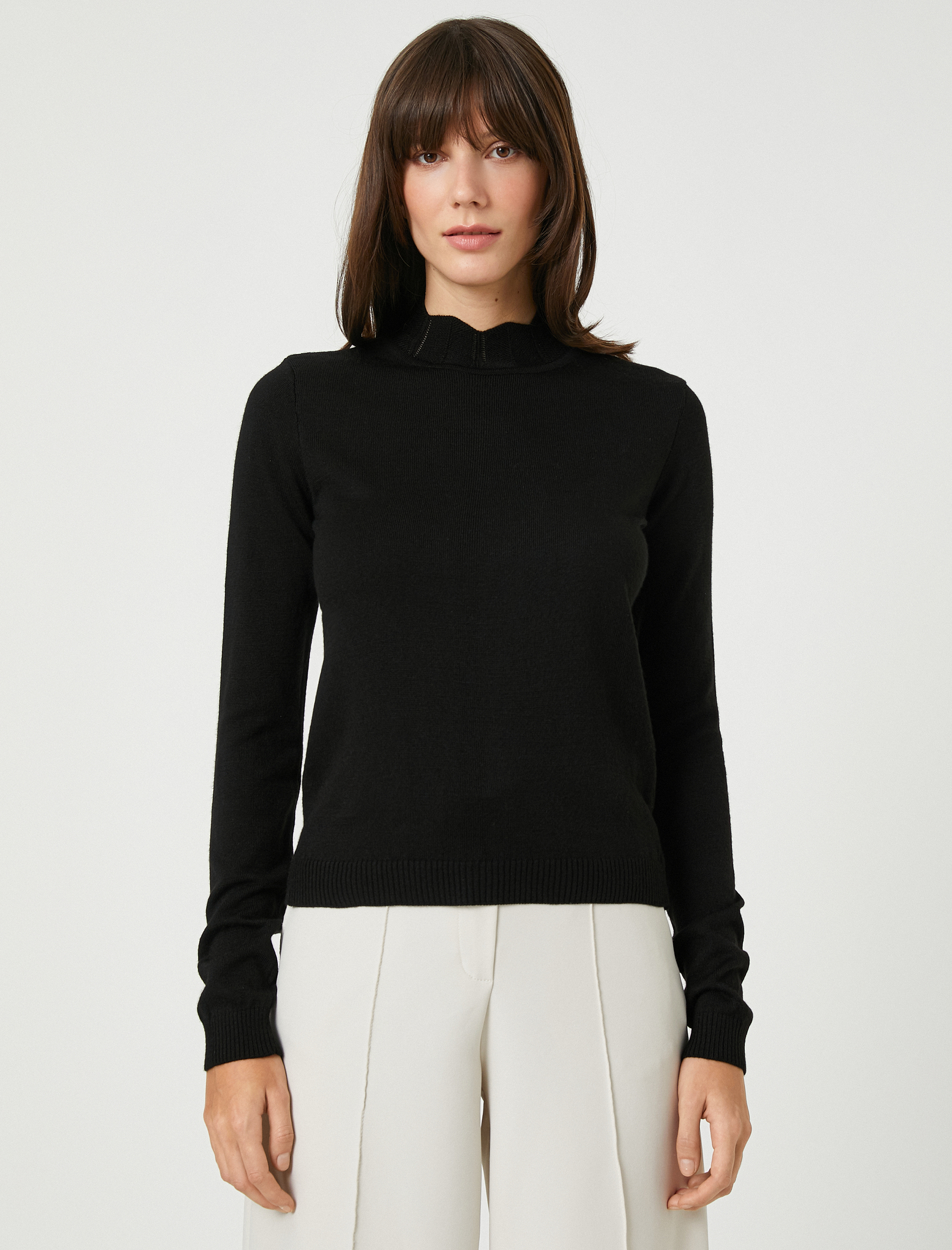   Yaka Detaylı Triko Kazak Dar Kesim Kaşmir Dokulu