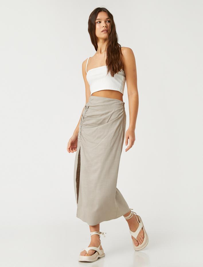  Midi Etek Büzgülü Yırtmaç Detaylı Yüksek Bel