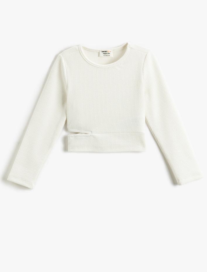 Kız Çocuk Crop Uzun Kollu Tişört Yuvarlak Yaka Pencere Detaylı Ribanalı