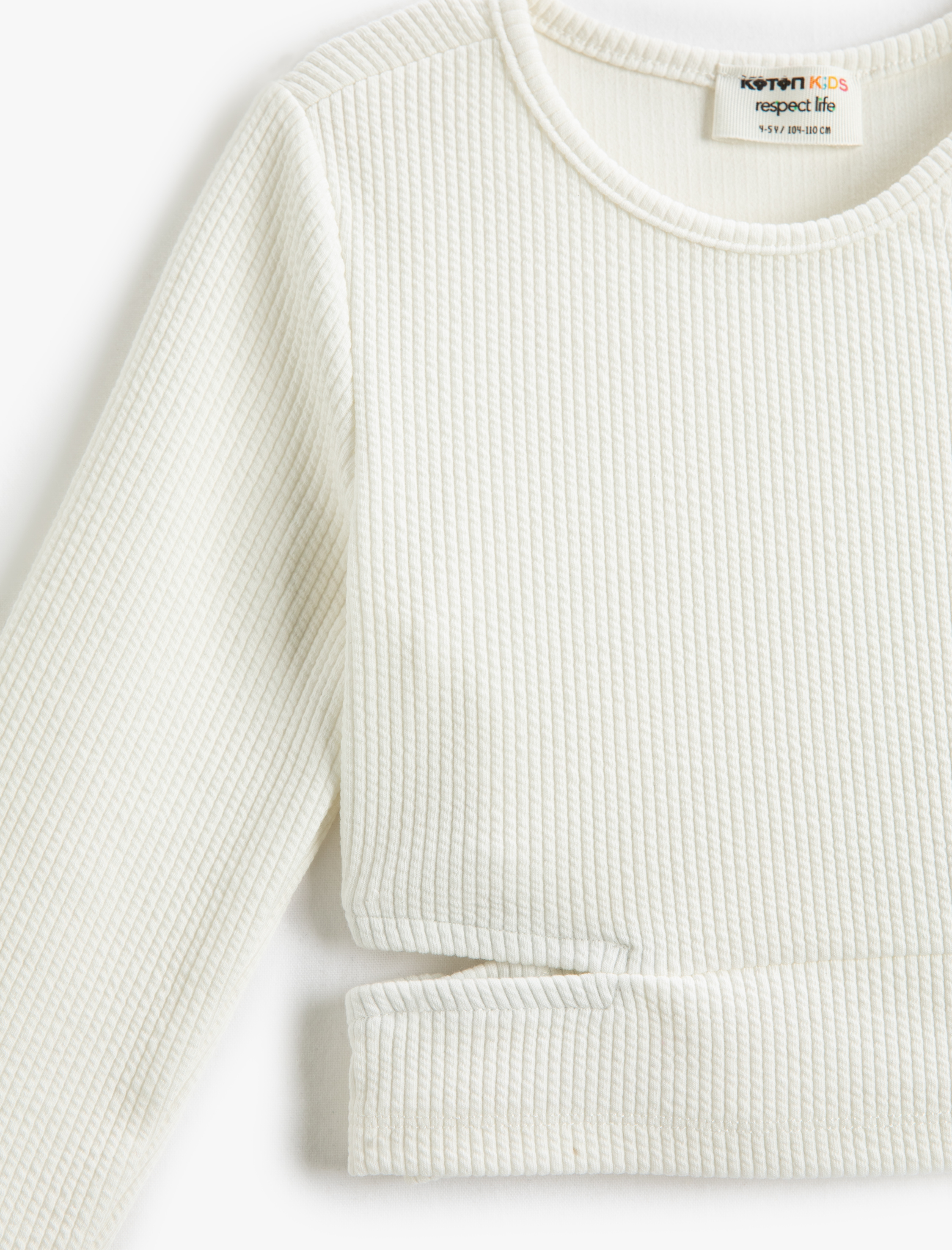  Kız Çocuk Crop Uzun Kollu Tişört Yuvarlak Yaka Pencere Detaylı Ribanalı