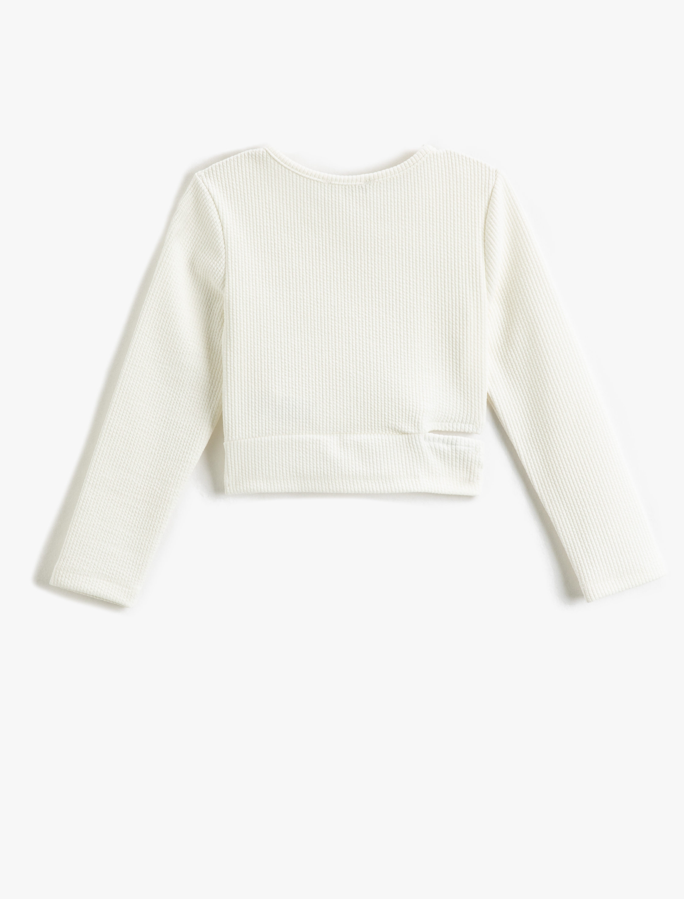  Kız Çocuk Crop Uzun Kollu Tişört Yuvarlak Yaka Pencere Detaylı Ribanalı