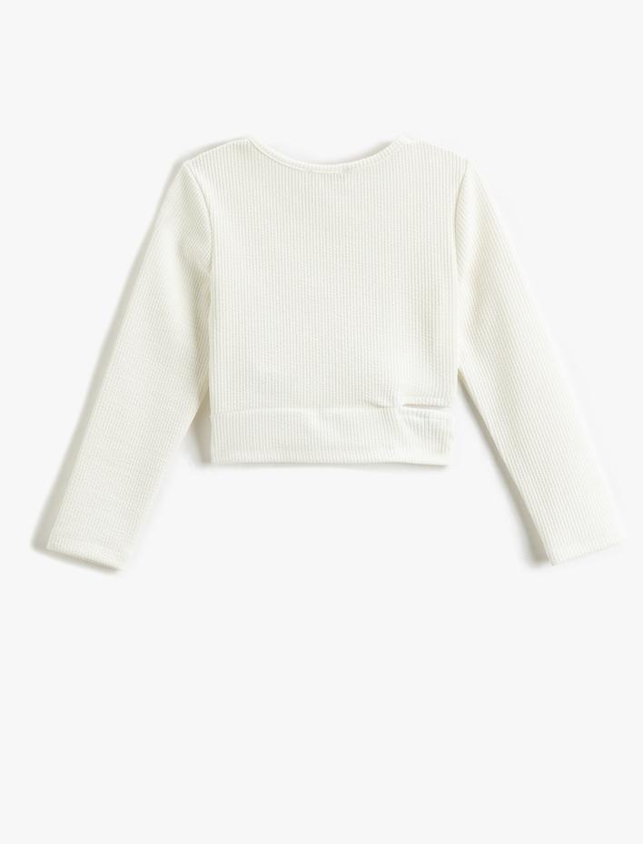 Kız Çocuk Crop Uzun Kollu Tişört Yuvarlak Yaka Pencere Detaylı Ribanalı