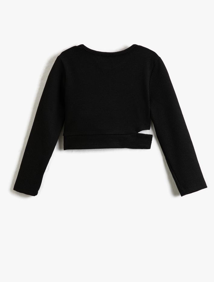 Kız Çocuk Crop Uzun Kollu Tişört Yuvarlak Yaka Pencere Detaylı Ribanalı